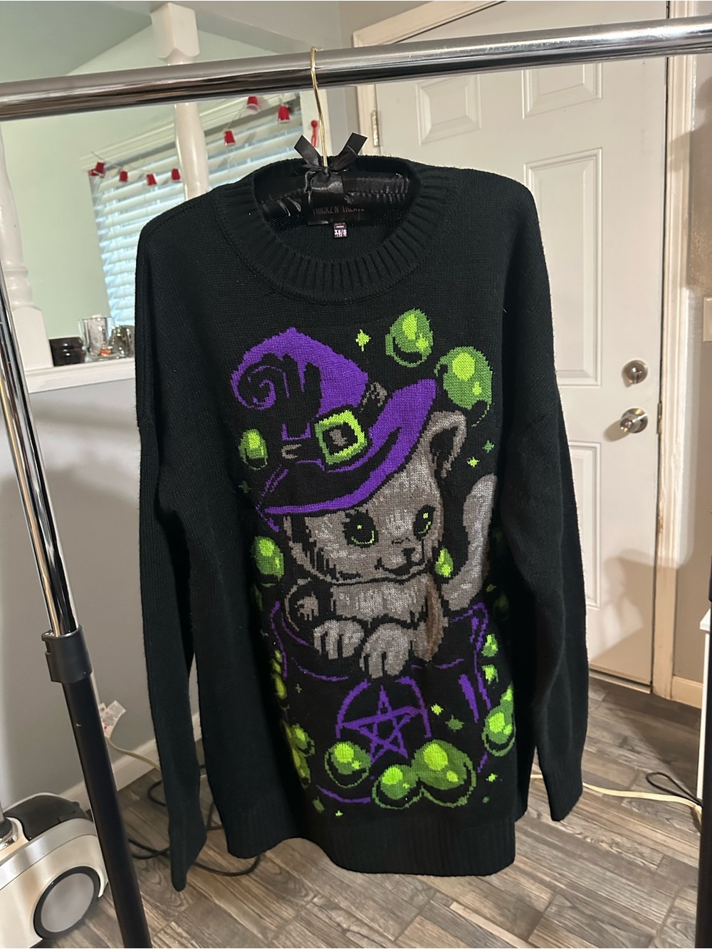 Dolls Kill Black Sweater with Purple Witch Hat & Green Accents